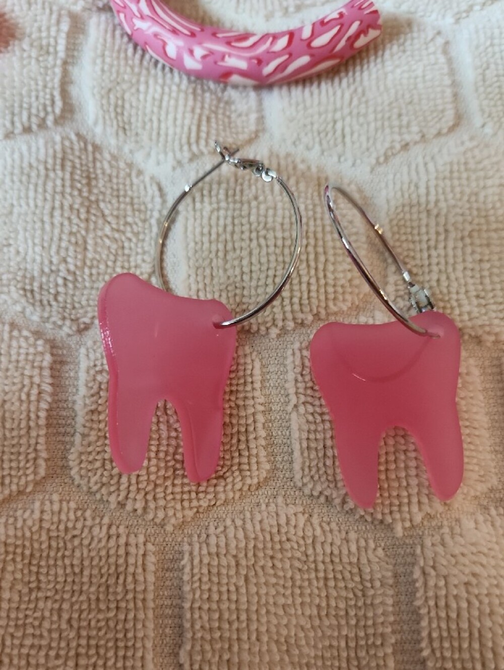 Pink Acrylic Novelty Earrings Set - Trolls, Hoops, Rectangles, Tooth Charms - Picture 5 of 5